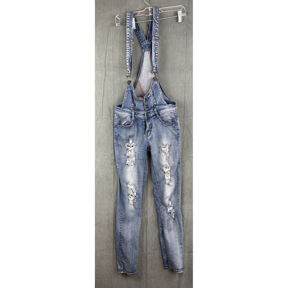 JC & JQ Juniors Medium Overalls Skinny Distressed Blue Jeans 28x28 Destroyed - Picture 1 of 14